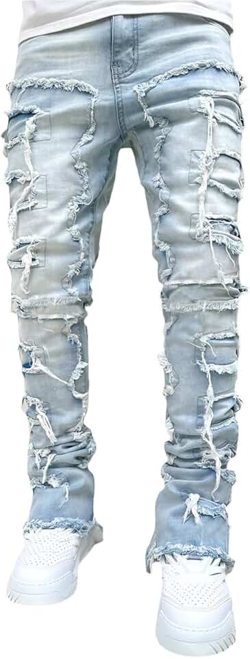 YEOU Men's Stacked Skinny Jeans - Y2K Harajuku Style Distressed Denim Pants with High Waist