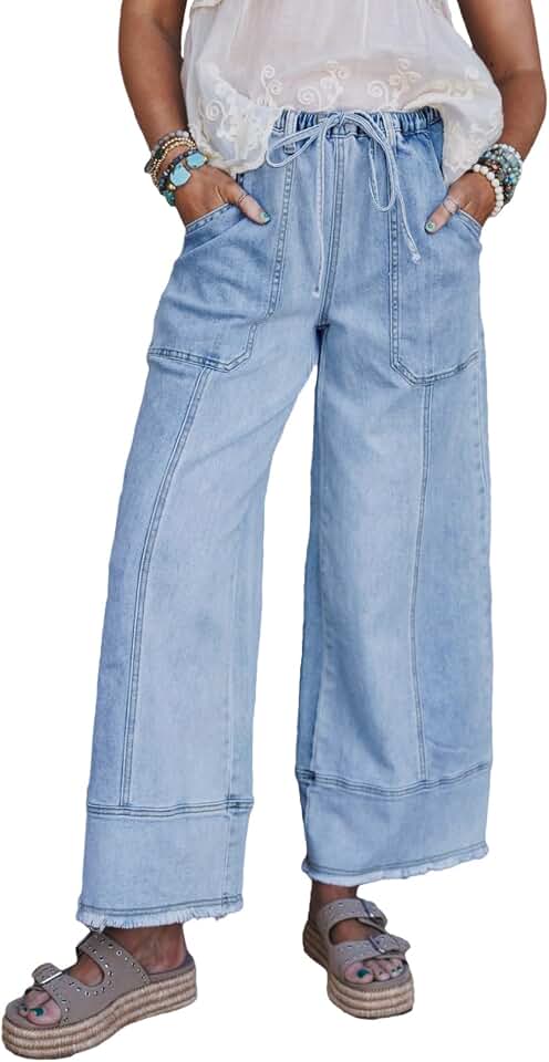 SHEWIN Women's Wide Leg Jeans High Waisted Baggy Jeans Stretchy Drawstring Denim Trousers