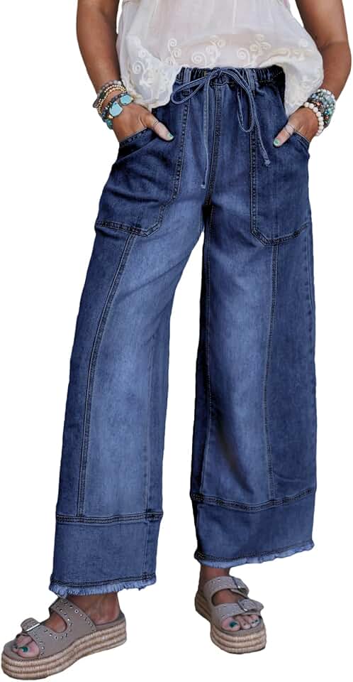 SHEWIN Women's Wide Leg Jeans High Waisted Baggy Jeans Stretchy Drawstring Denim Trousers