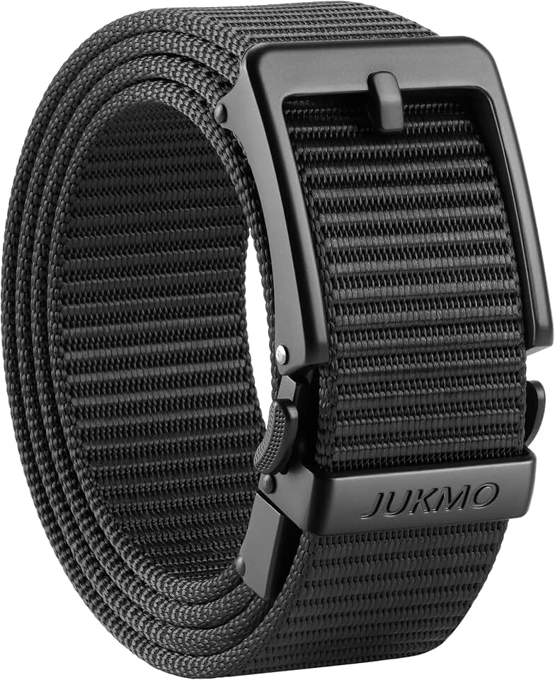 JUKMO Men's 1.5" Ratchet Belt with Pin-Look Buckle for Jeans &amp; Chinos Global Recycled Standard