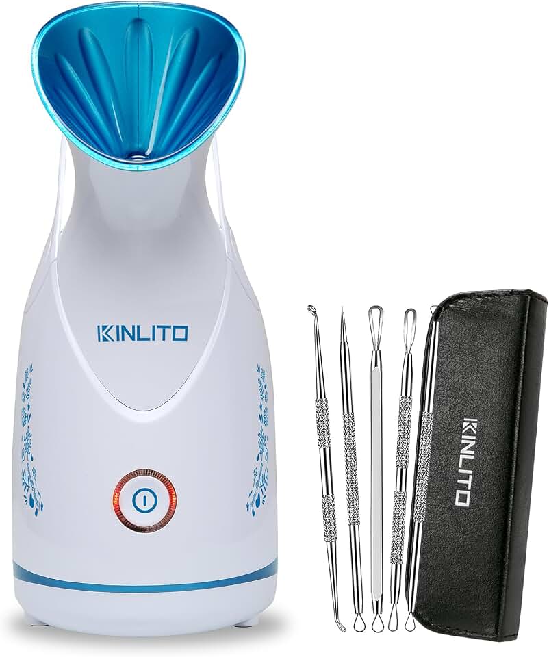 KINLITO Facial Steamer Ionic Face Steamer for Home Facial, Warm Mist Small Facial Steamer for Deep Cleaning Unclog Pores with Blackhead Remover, Aromatherapy Kit for Personal Home SPA (Blue) ClimatePartner certified
