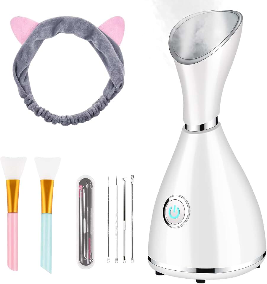 Facial Steamer for Facial Deep Cleaning, Moisturize, Unclog Pores, Face Spa, Nano Ionic Humidifier, Home Facial Warm Mist Face Steamer with Blackhead Removal Kit, Brush, Hair Band