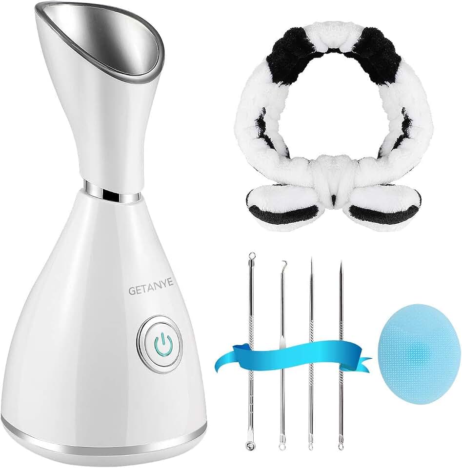 GETANYE Nano Ionic Face Steamer - 10X Penetration for Facial, Unclogs Pores, Moisturizing Spa Humidifier with Free Blackhead Remover Kit, Hair Band, Face Brush