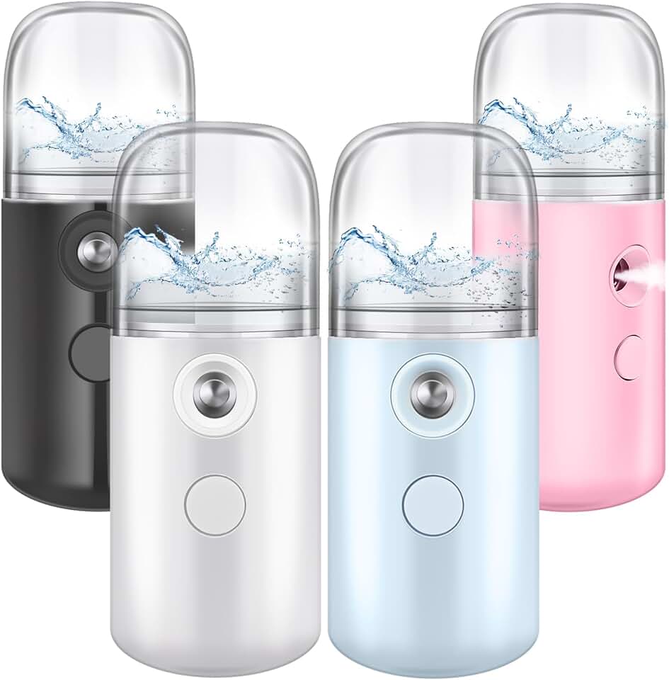 Mudder 4 Pcs Mini Facial Nano Mist Sprayer, White, Black, Blue, Pink | 30ml Handheld Visual Water Nebulizer, Portable Face Steamer USB Mister for Lash Extensions, Skin Care, Makeup