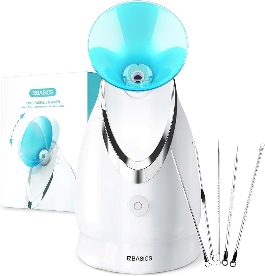 EZBASICS Facial Steamer, Nano Ionic Warm Mist for Facial Deep Cleaning Blue | Professional Face Steamer for Home Sauna SPA, Unclogs Pores Sinuses, Bonus 5 Piece Stainless Steel Skin Kit
