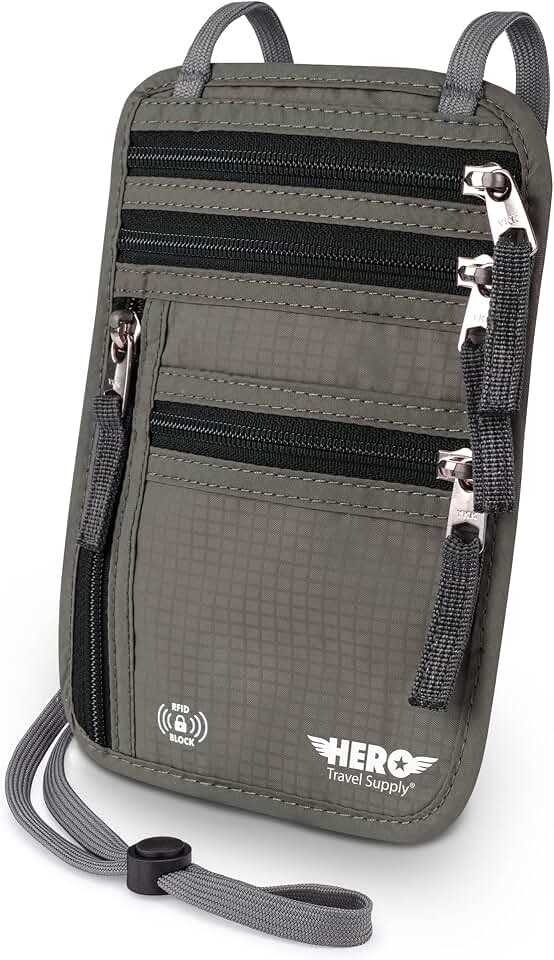 Hero Travel Supply HERO Neck Wallet - RFID Blocking Passport Holder, Easy to Conceal Travel Pouch (Army Grey)