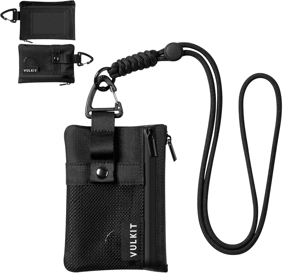VULKIT Small Minimalist Wallet for Women and Men RFID Blocking, Zipper Coin Pouch with ID Window and Keychain, Water Resistant Travel Lanyard Wallet Black