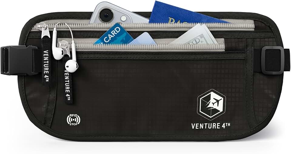 VENTURE 4TH Travel Money Belt, RFID Blocking Passport Holder - Black