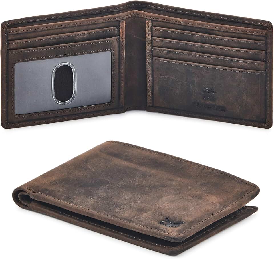 Wise Owl Accessories Real Leather Mens Bifold Wallet RFID Blocking Slim Minimalist Front Pocket - Thin &amp; Stylish with ID Window in Gift Box (Crazy Horse, Coffee)