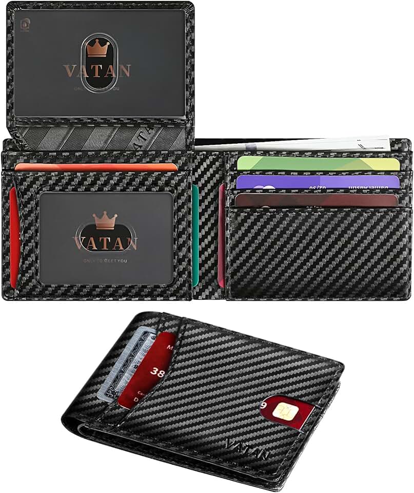 VATAN Wallet for Men Slim RFID Blocking Leather Credit Card Holder Wallet for 15 Cards, Bifold Minimalist Thin Wallet with 2 ID Windows &amp; Cash Slot, With Gift Box (Carbon Fiber Black)