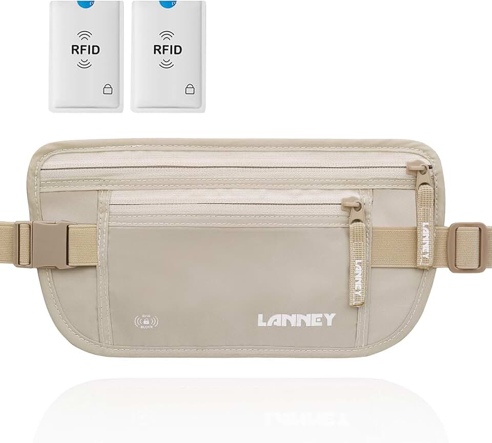 LANNEY Travel Money Belt Hidden Waist Stash Wallet RFID Blocking Anti-Theft Passport Holder for Men Women, Cream