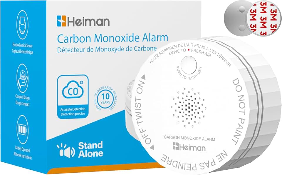 Heiman Carbon Monoxide Detectors, 10-Year Product Life CO Detector, C1-S | UL 2034 5th Ed, Battery Powered, Figaro Sensor, Test Silence Button, 85 dB Alarm, for Home Office Hotel Rental Apartments Global Recycled Standard