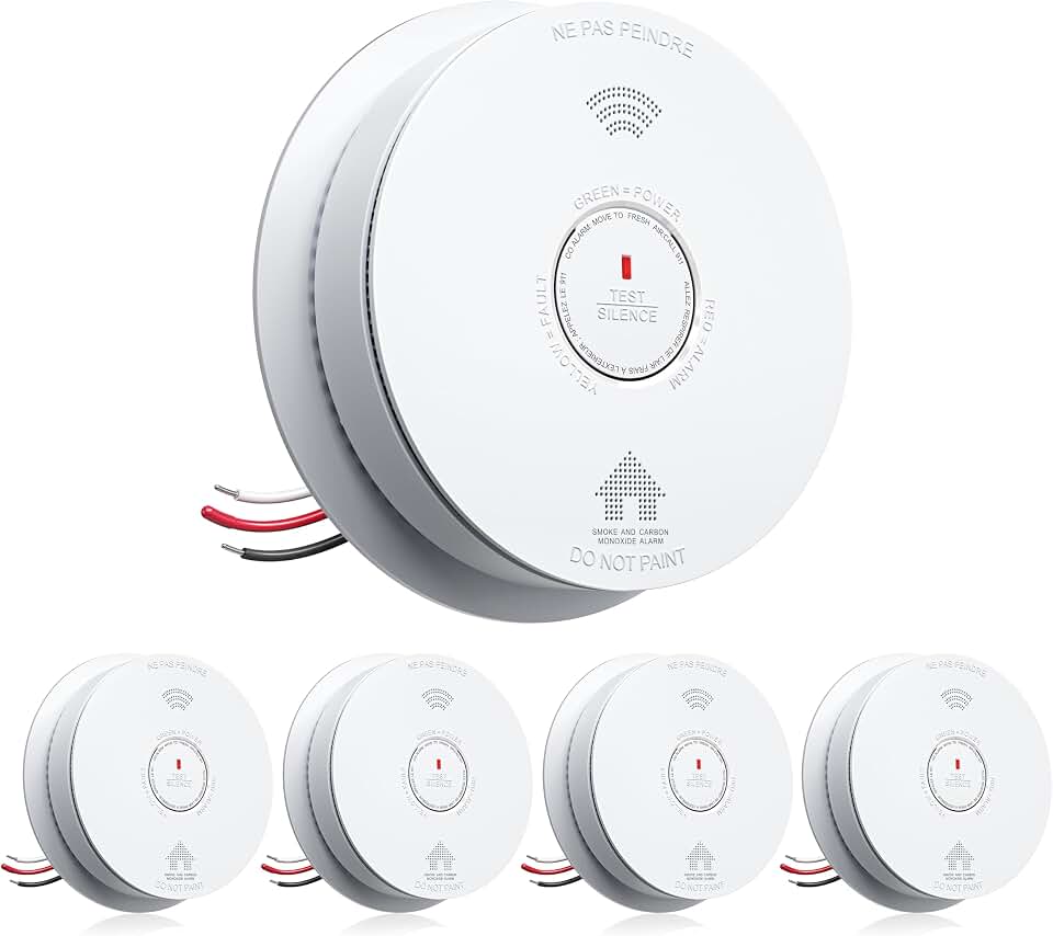 SITERWELL Smoke Detector Carbon Monoxide Detector Combo 10 Year Battery | Hardwired Smoke and Co Alarms, Interconnected Co Detectors with Bilingual Voice AlertsFor Home,5 Packs