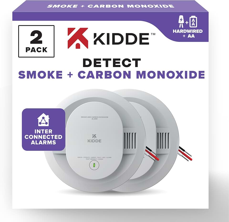 Kidde Hardwired Smoke &amp; Carbon Monoxide Detector, AA Battery Backup Smoke Alarm, Interconnectable, LED Warning Light Indicators, 2 Pack