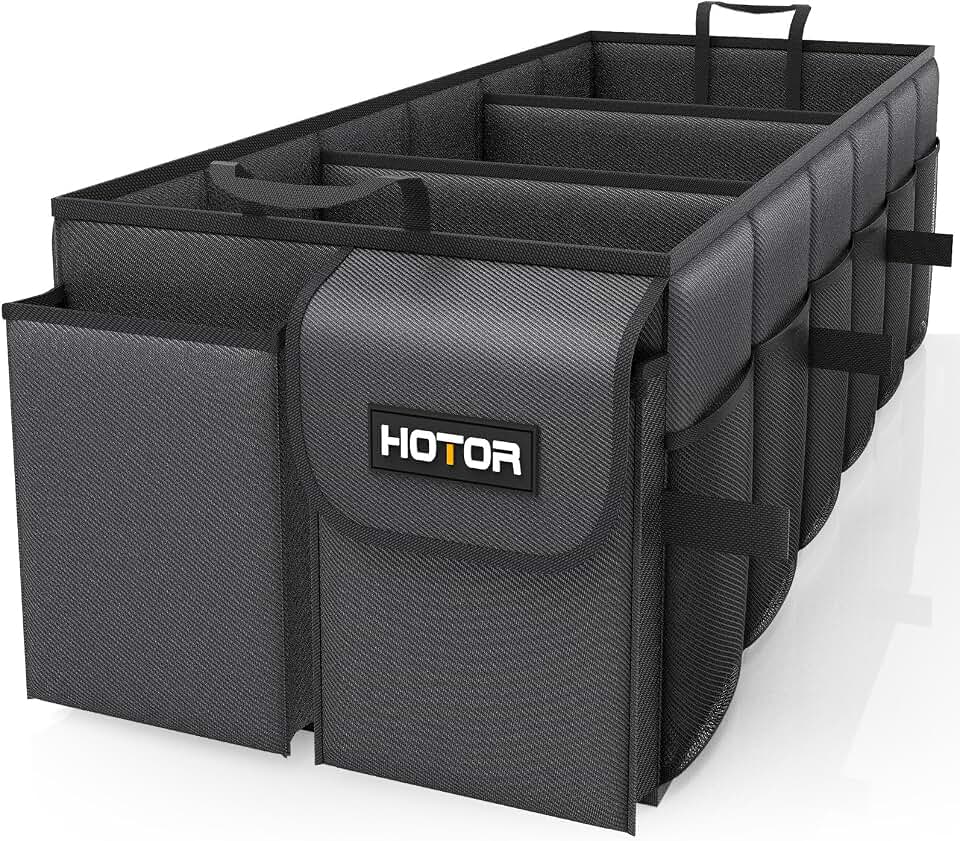 HOTOR Trunk Organizer - Foldable Car Organizer for SUVs &amp; Sedans Storage | Sturdy Car Organization for Men &amp; Women, Car Accessories, Tools, Sundries, Black, 3 Compartments, 31.9" x 12.6" x 10.6"
