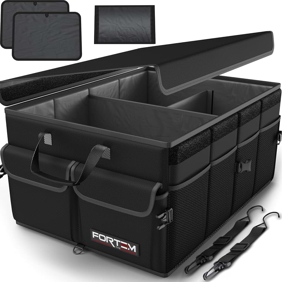 FORTEM Trunk Organizer - Foldable Car Organizer &amp; Storage for SUVs &amp; Trucks | Car Accessories for Men Women, Collapsible Bag, Non Slip Bottom, Straps, Soft Cover, 600D Oxford, Black, 3 Compartments, 65L
