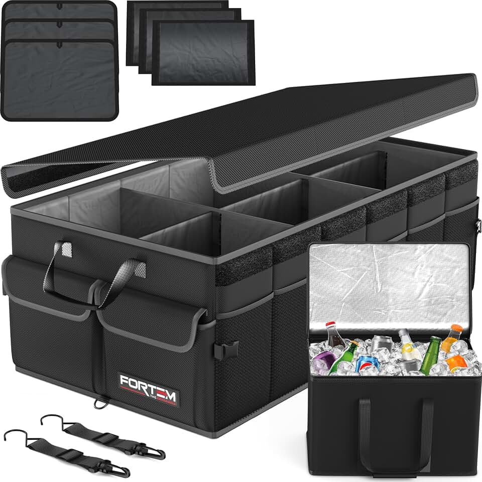 FORTEM Trunk Organizer - Foldable Car Organizer with Cooler for SUV, Trucks | Car Accessories for Men Women, Collapsible Bag, Non Slip Bottom, Straps, Soft Cover, 600D Oxford, Black, 6 Compartments, 105L