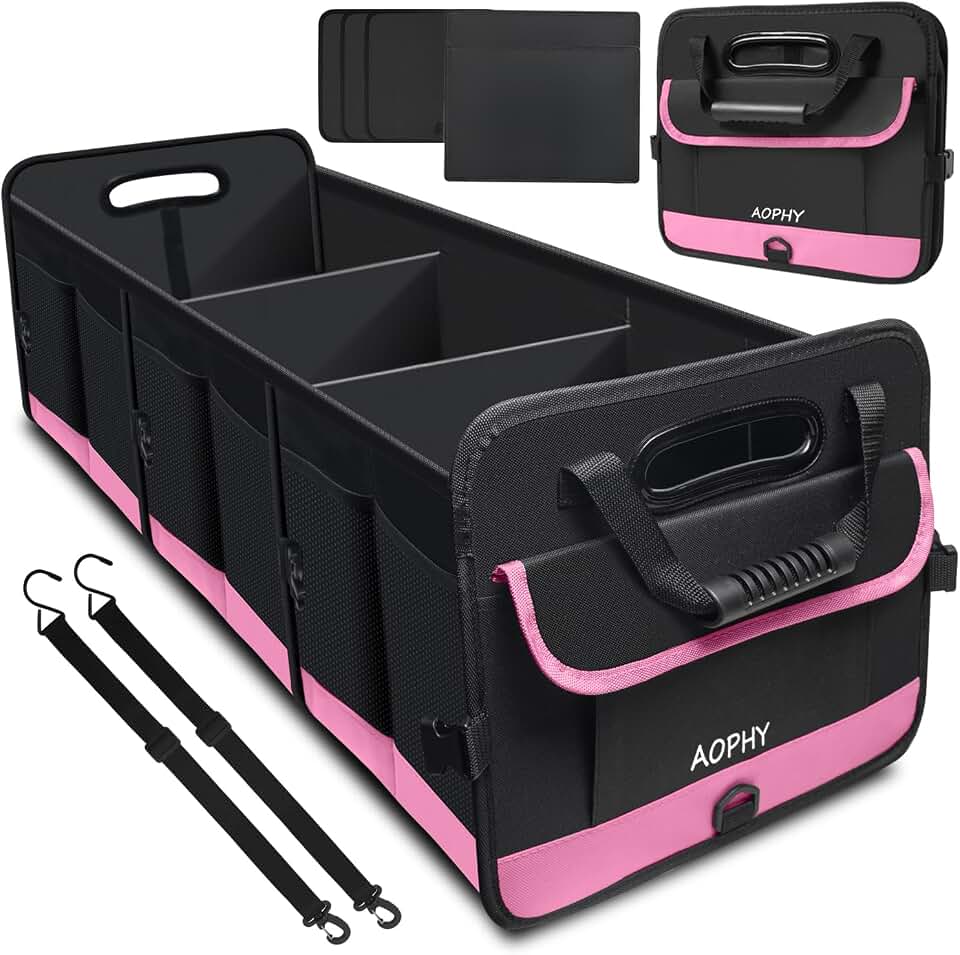 AOPHY Foldable Trunk Organizer for Car SUV Truck 95L Large Capacity | Collapsible Storage Bin with Straps. Waterproof and Sturdy. Fits Sedans Too. Folds Flat When Not in Use. Pink Car Accessories