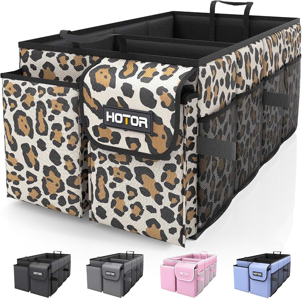 HOTOR Trunk Organizer - Foldable Car Organizer for SUVs &amp; Sedans Storage | Sturdy Car Organization for Men &amp; Women, Car Accessories, Tools, Sundries, Leopard, 2 Compartments, 21.3" x 12.6" x 10.6"