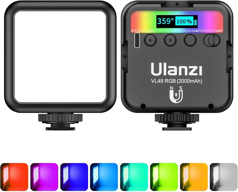 ULANZI VL49 RGB Video Lights LED Camera Light with 3 Cold Shoe &amp; 1/4 Screw | 2500-9000K CRI 95+ 2000mAh Magnetic Rechargeable Small Camera Panel Fill Light for Photography, Content Creator, Streaming