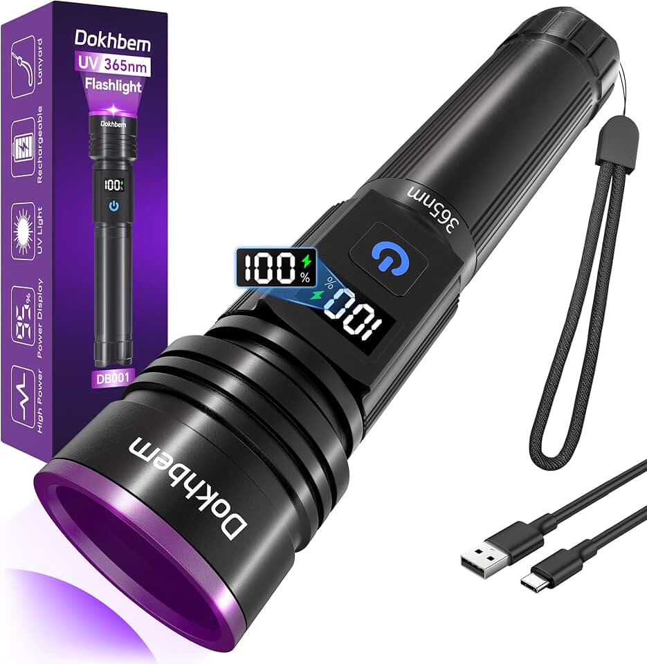 365nm UV Light Flashlight Rechargeable Black Light for Pet Urine Detection | LCD Display, USB Rechargeable, Powerful Ultraviolet Lights for Pet Urine Detection, Resin Curing, Rockhounding, Scorpion ClimatePartner certified