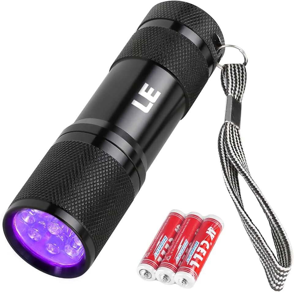 Lepro Lighting Ever UV LED Flashlight, 9 LED 395nm Blacklight Detector | Pet urine, stain, bed bug detector. Authenticate currency, IDs. 3 AAA batteries included. Pocket-size, lightweight.
