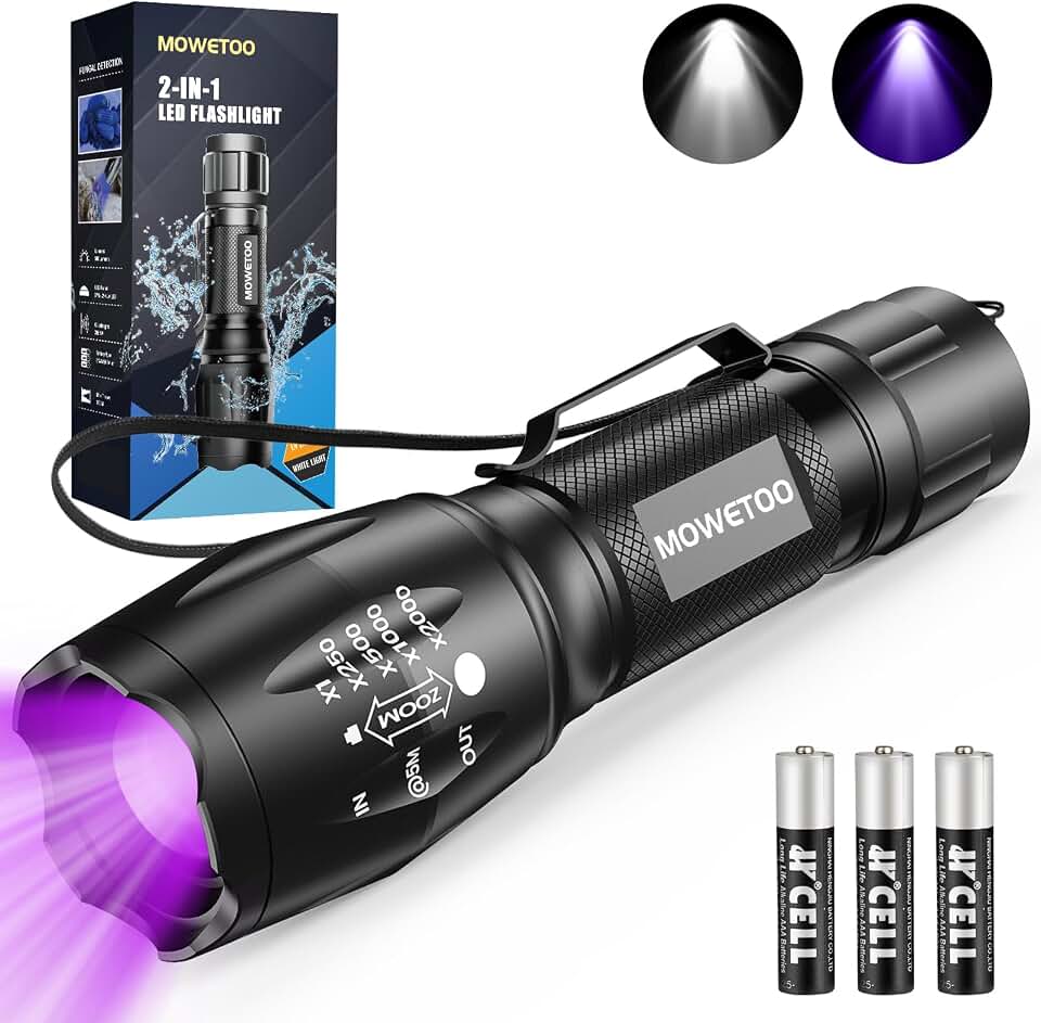 MOWETOO UV Flashlight with 395nm Black Light &amp; White Light | Dual Sources, Portable, Zoomable, Pet Urine Detector for Dog Cat Pee, ID Check, AC Leak, Resin, Scorpions