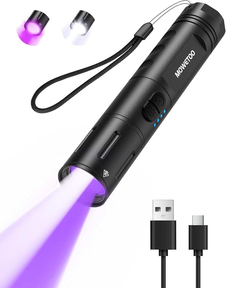 MOWETOO UV Flashlight 395nm Rechargeable Black Light Flashlight Mini | 2-in-1 LED White Light Flashlight and BlackLight, Waterproof, Zoomable, Super Bright LED