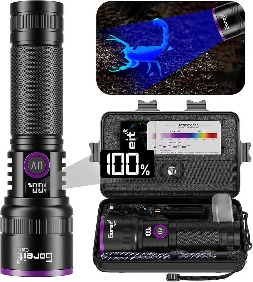 365nm Black Light UV Flashlight Rechargeable with Filter Lens &amp; LCD Display | 30w Professional Blacklight, USB Charging, for Pet Urine Detection, Cleaning, Resin Curing, Rocks, Scorpion, Blood Tracking