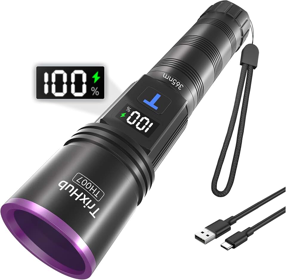 TrixHub 365nm Black Light UV Light Flashlight Rechargeable with LCD Display | Powerful Ultraviolet Lights for Pet Urine Detection, Resin Curing, Rockhounding, Scorpion, Uranium Glass, A/CLeak ClimatePartner certified