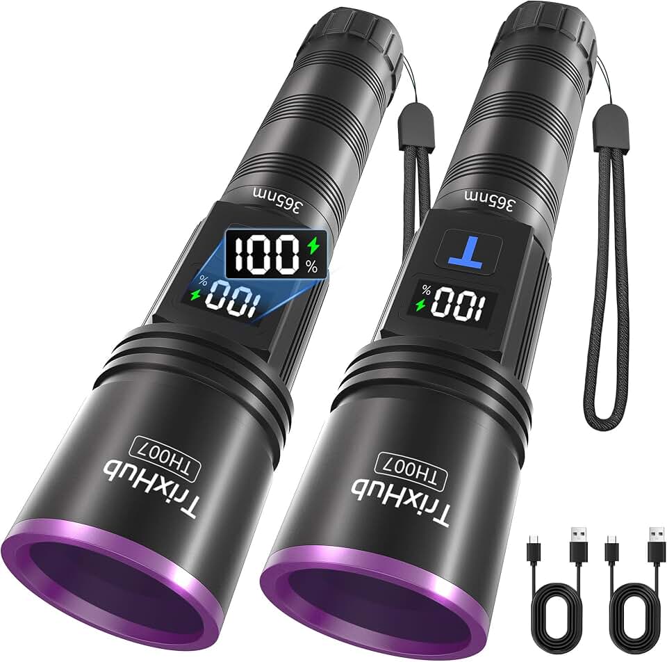TrixHub 365nm Black Light UV Flashlight Rechargeable 2Pack with LCD Display | Powerful Ultraviolet Lights for Pet Urine Detection, Resin Curing, Rockhounding, Scorpion, Uranium Glass, A/CLeak ClimatePartner certified