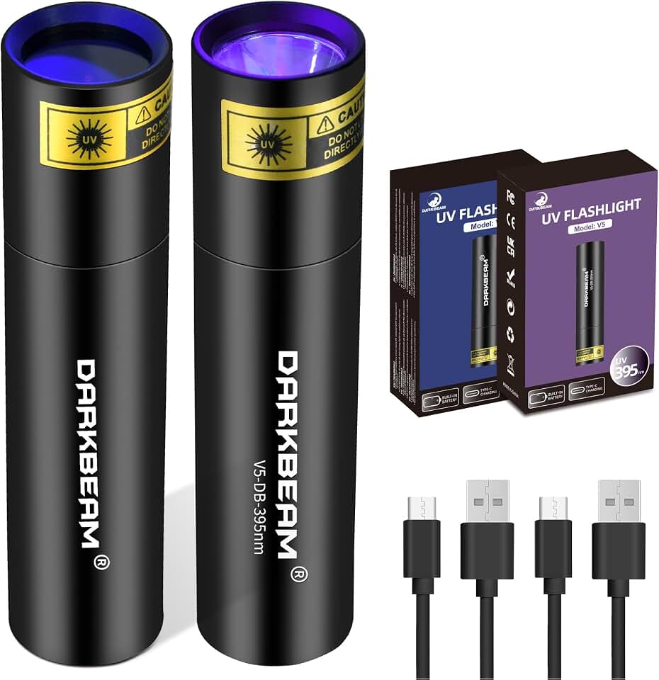 DARKBEAM UV Flashlight 365nm &amp; 395nm Black Light Woods Lamp Ringworm 2 Pack | Blacklight Ultraviolet Flashlights Small, LED Rechargeable Powerful, Pet Urine Detector for Rocks Uranium Glass, Resin Curing ClimatePartner certified