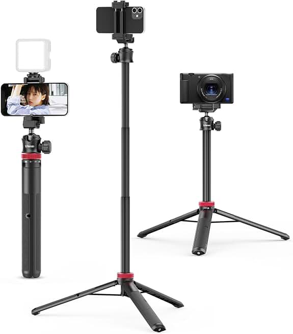ULANZI MT-44 Auto Open Phone Tripod, 59" Extendable Selfie Stick Vlog Stand | 2-in-1 Phone Clip, Cold Shoe, 360° Ball Head Camera Tripod for iPhone Sony DJI Osmo Pocket 4 Nano Luna, Portable for Travel and ClimatePartner certified
