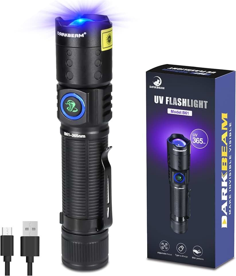 DARKBEAM UV 365nm Flashlight Black Light LED, Ultraviolet Flashlights | Powerful Rechargeable USB -C Woods Lamp, Focusable Water Resistant, Pet Urine &amp; AC Leak Detection, for Curing Resin ClimatePartner certified
