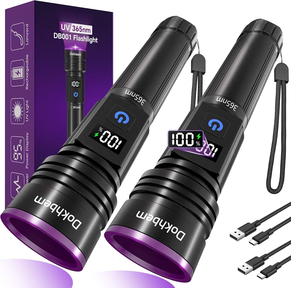 365nm UV Flashlight 2Pack Rechargeable Black Light for Pet Urine Detection | LCD Display, USB Rechargeable, Powerful Ultraviolet Lights for Pet Urine Detection, Resin Curing, Rockhounding, Scorpion ClimatePartner certified