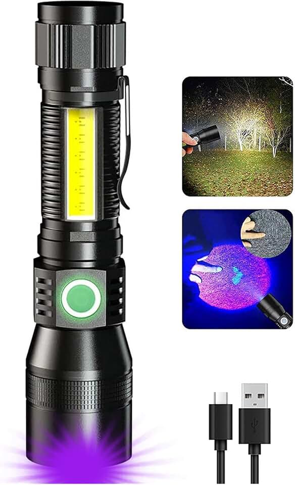 UV Flashlight Black Light, 3-in-1 Magnetic Flashlight Rechargeable, High Lumen Tactical LED Flashlight, 7 Modes Waterproof UV Light for Camping Emergencies Pet Urine Detection