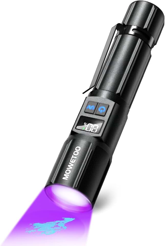 MOWETOO Black Light Flashlight,2N1 UV＆White Light with LCD Display | 395nm Blacklight and High lumens White Light , Zoomable Design , for Pet Urine Detection, Home, Scorpions, Resin Curing, Leak