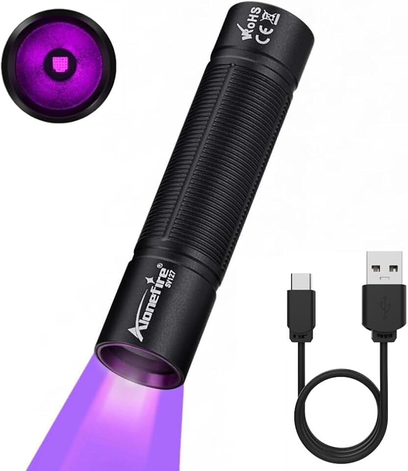 ALONEFIRE SV127 Mini 365nm UV Flashlight USB-C Rechargeable Blacklight | Pet Urine Detector, Money Detection, Scorpion Light Detector with Built-in Battery