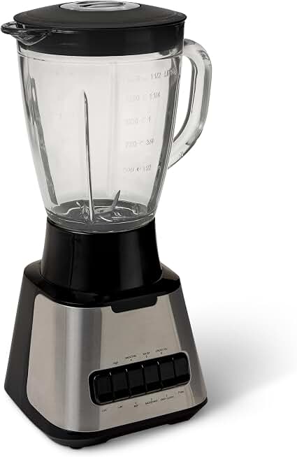 Amazon Basics Powerful 700W Countertop Blender with 6-Cup (50 Fl. Oz) Glass Jar, 6 Pre-Programmed Settings, Ice Crush, Stainless Steel Blades, Black &amp; Silver