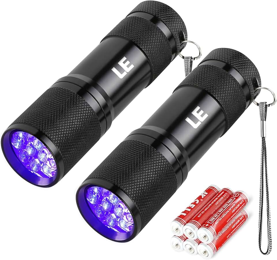 Lighting EVER UV LED Flashlight, 9 LED 395nm Blacklight Detector 2 Pack | Pet urine, stain, bed bug detector. Authenticate currency, IDs. 3 AAA batteries included. Pocket-size, lightweight.