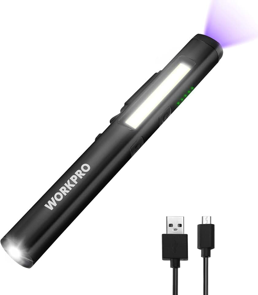 WORKPRO Rechargeable Pen Light, 450 Lumen LED Flashlight with UV Light | Compact Pocket Flashlight, Dual Light Sources, Inspection Lighting, Repair Work Lighting, Pet Stain Detection