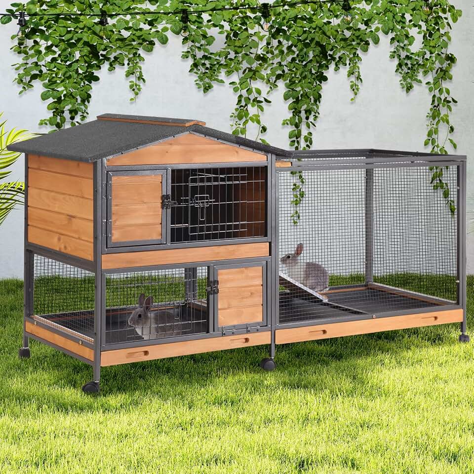 GUTINNEEN 2-Story Rabbit Hutch with Chew-Proof Full Metal Frame for Indoor/Outdoor - 62" Bunny Cage with 6 Locking Casters &amp; 2 Pull-Out Trays for Rabbits, Guinea Pigs, Small Pets (Brown)