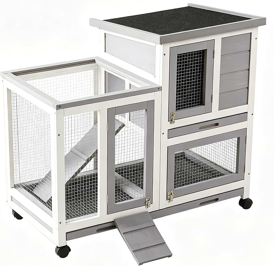 Wooden Rabbit Hutch Indoor Outdoor, 2-Tier Large Small Animal Cage with Casters, Pull Out Trays, Ramp &amp; Mesh Window, Bunny Guinea Pig Ferret Hamster House Pet Cage