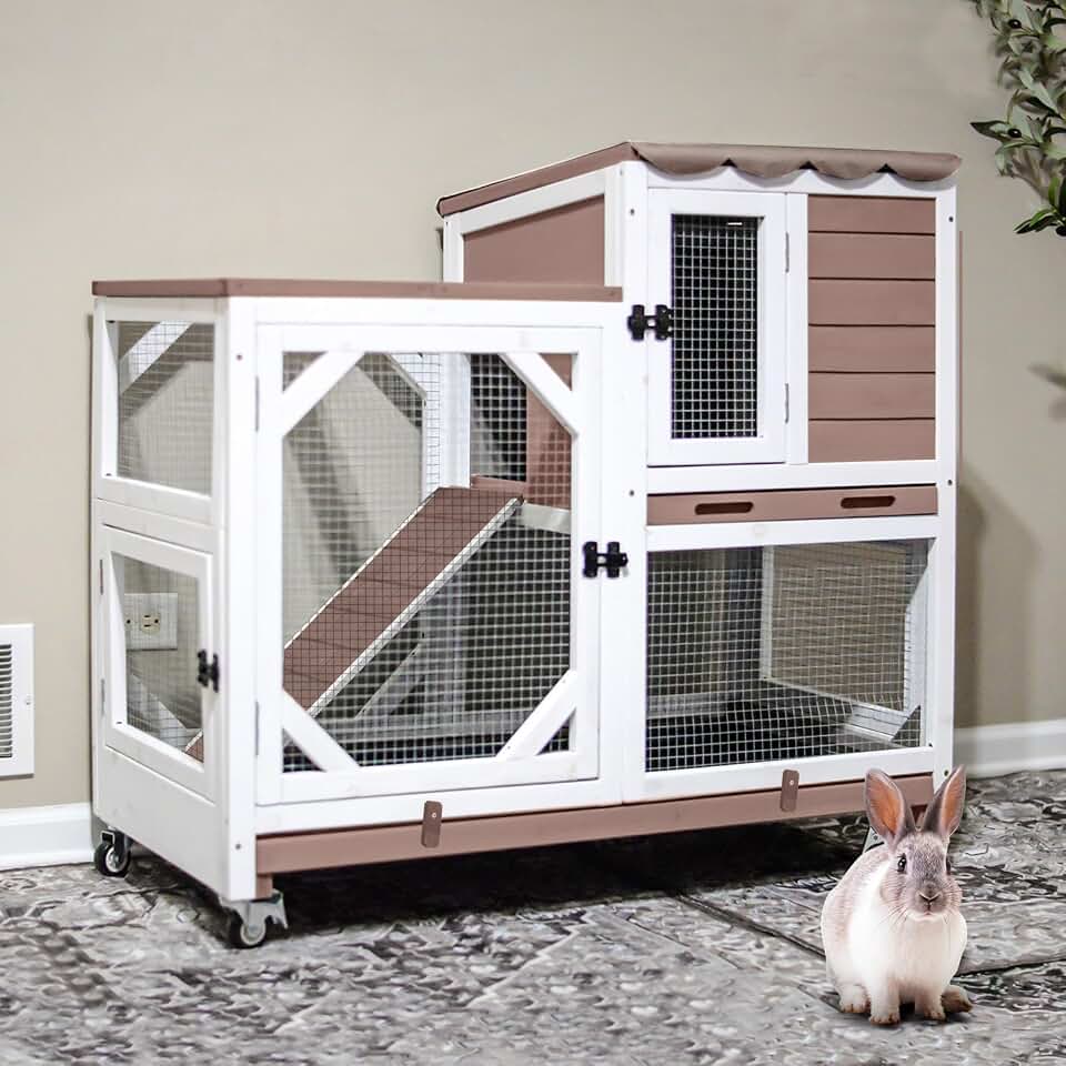 Gutinneen 2-Story Rabbit Hutch with Chew-Proof Ramp &amp; Leak-Proof Trays - Indoor/Outdoor 39.3" Wooden Rabbit Cage with Wheels for Rabbits, Guinea Pigs