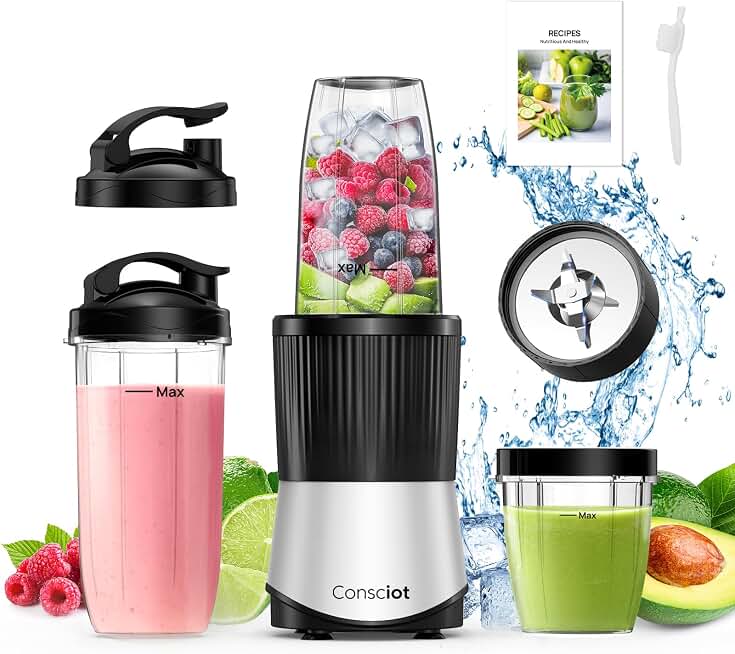 Consciot 11-Piece Blender for Kitchen and Personal Size, 900 Peak Watts | Blend Shakes &amp; Smoothies, Frozen Drinks, Baby Food, Spreads &amp; More, 3 Portable BPA-Free To-Go Cups, 2 Spout-Lids plus 1 Flat-Lid ClimeCo Certified