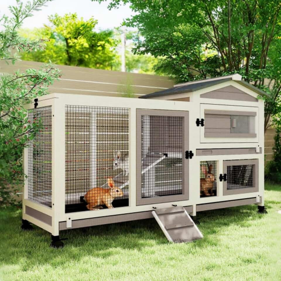 2 Story Rabbit Hutch Outdoor Indoor, Wooden Bunny Cage with 6 Lockable Wheels, 3 Removable No Leakage Pull Out Trays, Chew-Proof Ramp &amp; Waterproof Roof, Ideal for Rabbit &amp; Guinea Pig Recycled Claim Standard Blended