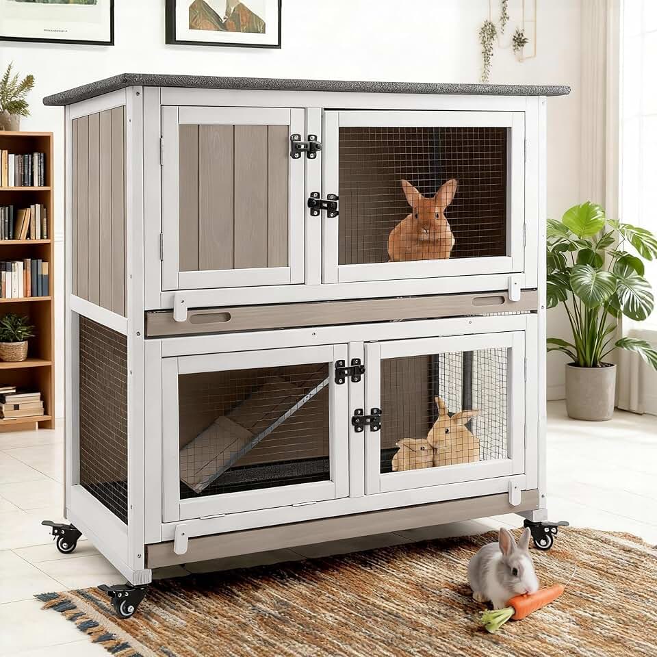 2 Story Rabbit Hutch Indoor &amp; Outdoor, Wooden Rabbit Cage with 2 Leak-Proof Pull-Out Trays, 4 Wheels, Ramp, Chew-Anti Metal Strip for Rabbit, Guinea Pig, Hamster (36" L x 17.8" W x 36.7" H) Recycled Claim Standard Blended