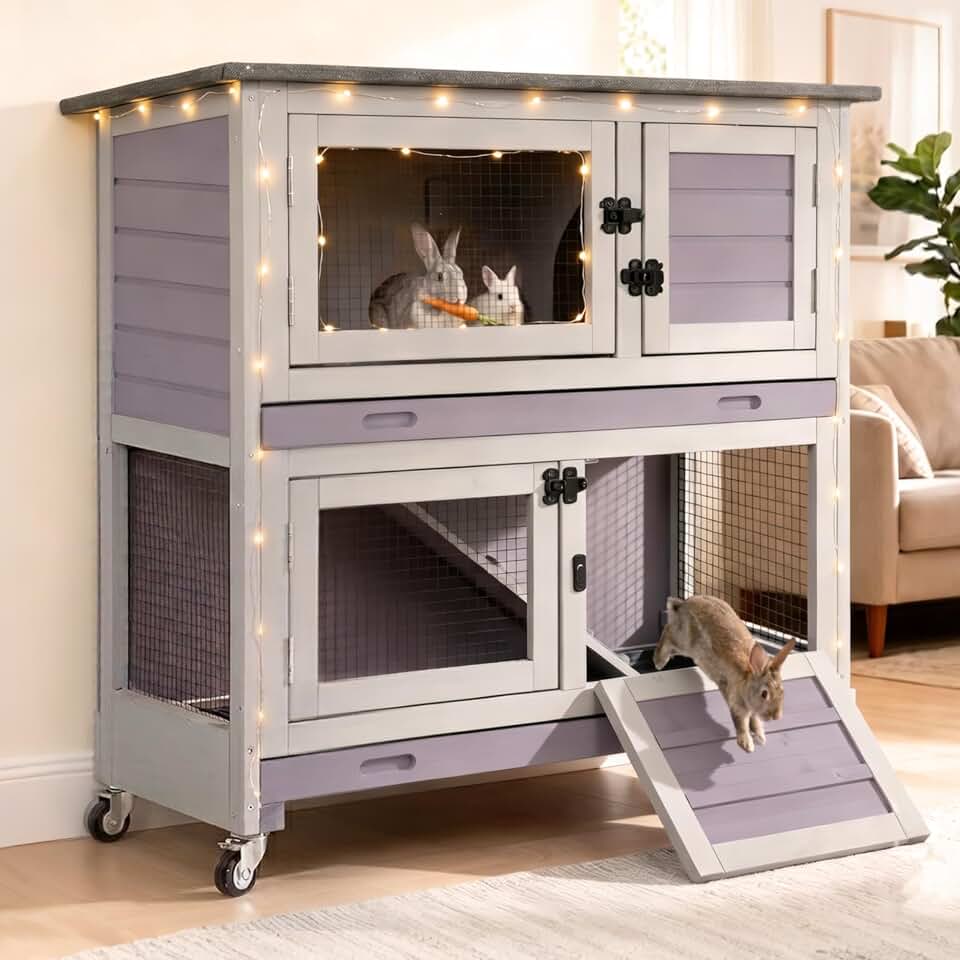 Suumerpety 36" 2-Story Wooden Rabbit Hutch with Chew-Proof Ramp, Dual Leak-Proof Pull-Out Trays &amp; 4 Lockable Wheels, Indoor Outdoor Bunny Cage for Rabbits &amp; Guinea Pigs (Grey)