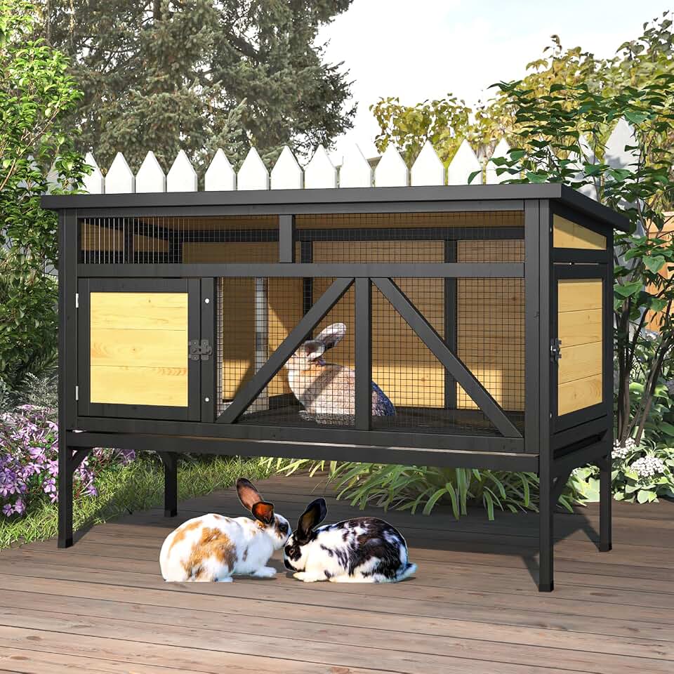 TIMHAKA 46.7" Elevated Rabbit Cage - Indoor &amp; Outdoor Rabbit Hutch, Bunny Cage for Guinea Pig, Wooden Design with Removable Tray, Waterproof Asphalt Roof &amp; Bottom Wire Mesh for Small-Medium Animals