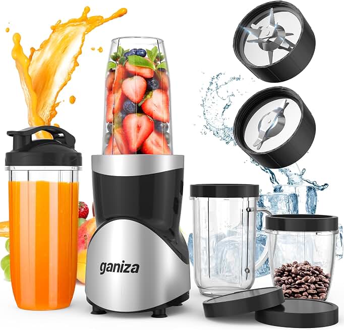 Ganiza Smoothie Blender, 900W Blenders Shakes and Smoothies | 15-Piece Personal Blender and Grinder Combo for Kitchen, Smoothies Maker featuring 4 BPA-Free Portable Cup, Nutritious Recipe ClimeCo Certified